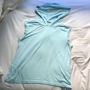 light blue sleeveless lightweight top with hood